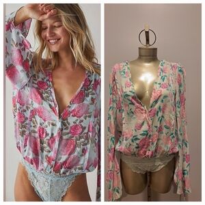 Free People Intimately Everything Rosey Pink And Green Floral And Lace BodySuit
